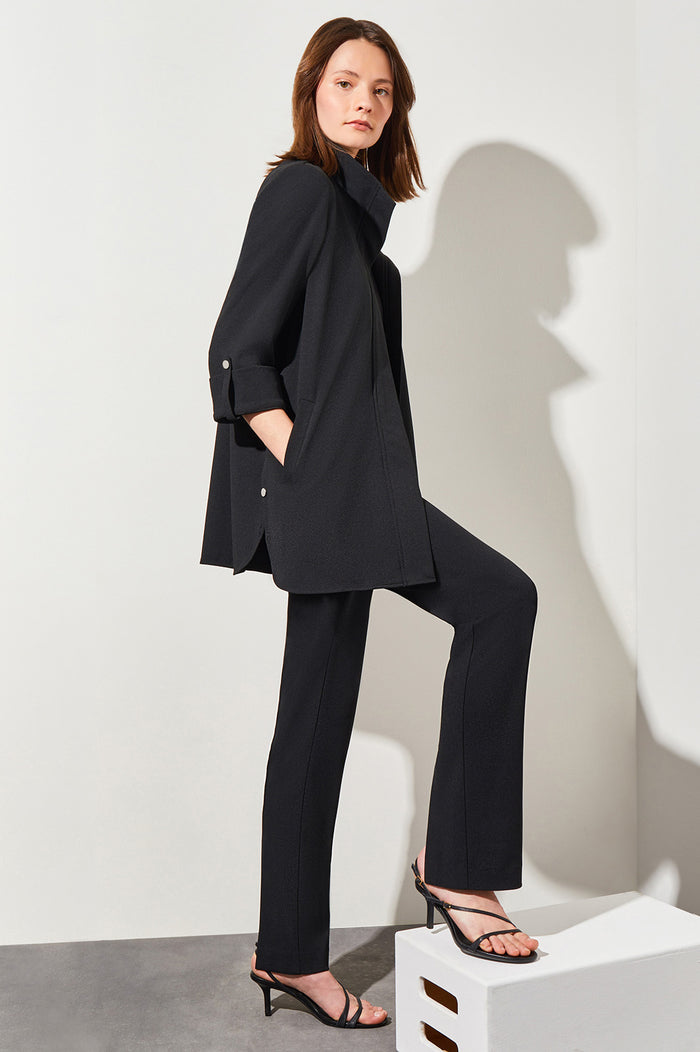 Snap Detail Zip-Up Deco Crepe Jacket, Black | Ming Wang