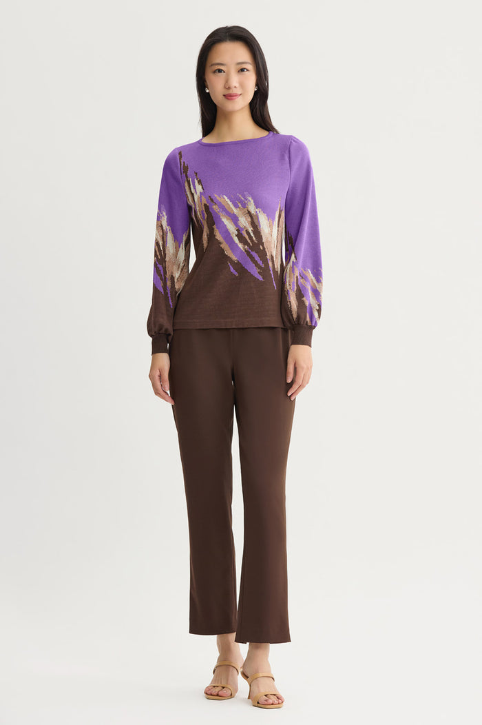 Soft Jacquard Knit Top, Sunset Purple/Dark Umber/Warm Taupe/French Almond/Black | Ming Wang