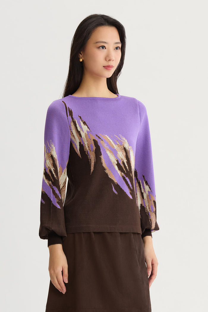 Soft Jacquard Knit Top, Sunset Purple/Dark Umber/Warm Taupe/French Almond/Black | Ming Wang