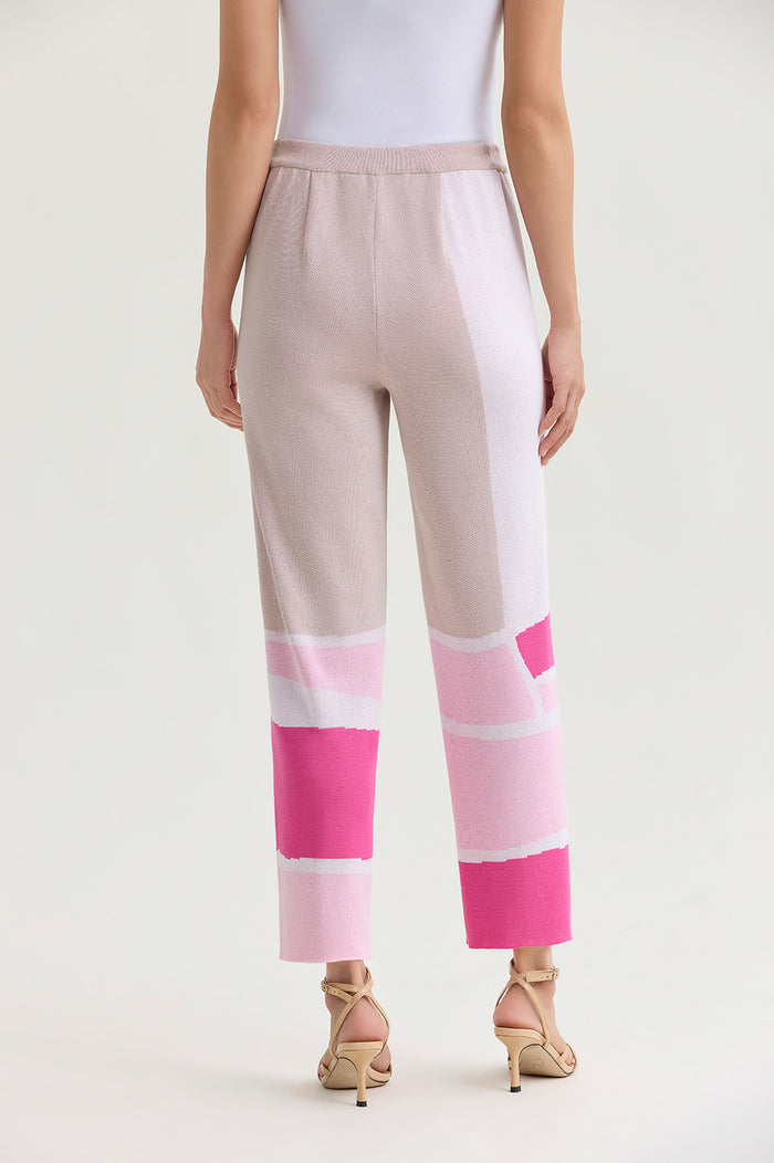 Soft Knit Straight-Leg Colorblock Ankle Pants, Carmine Rose/Perfect Pink/Limestone/White | Ming Wang