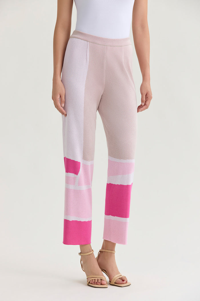 Soft Knit Straight-Leg Colorblock Ankle Pants, Carmine Rose/Perfect Pink/Limestone/White | Ming Wang