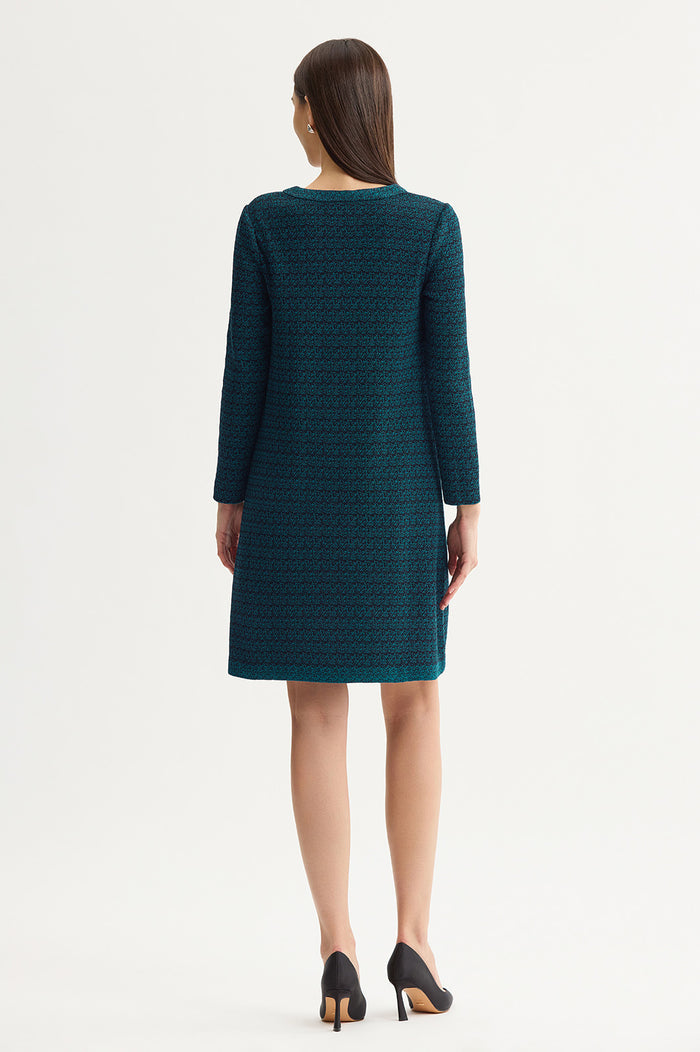 Split V-Neck Jacquard Knit Dress, Deep Teal/Black | Ming Wang