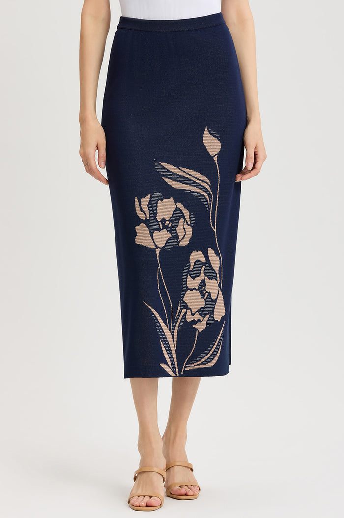 Straight Floral Jacquard Soft Knit Maxi Skirt, Indigo/Ivory/Warm Taupe | Ming Wang