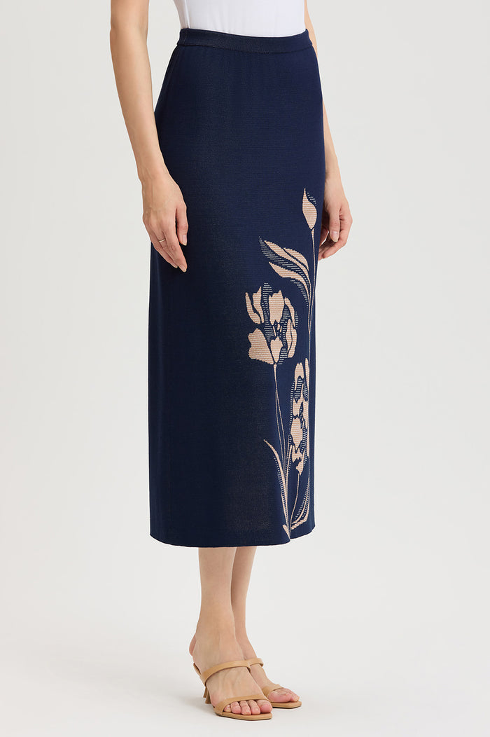 Straight Floral Jacquard Soft Knit Maxi Skirt, Indigo/Ivory/Warm Taupe | Ming Wang