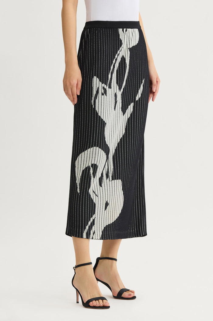 Straight Floral Soft Ribbed Knit Maxi Skirt, Black/Ivory | Ming Wang