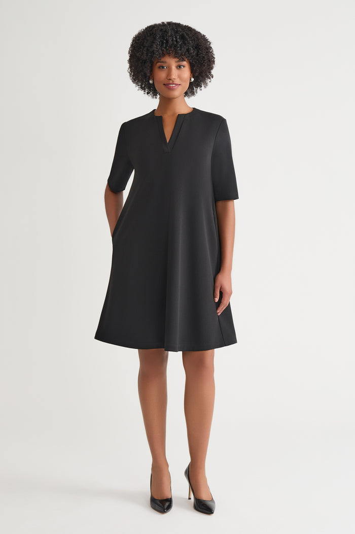 Stretch Deco Crepe A-Line Dress, Black | Ming Wang