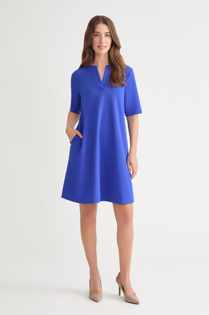 Stretch Deco Crepe A-Line Dress, Sapphire Sea | Ming Wang