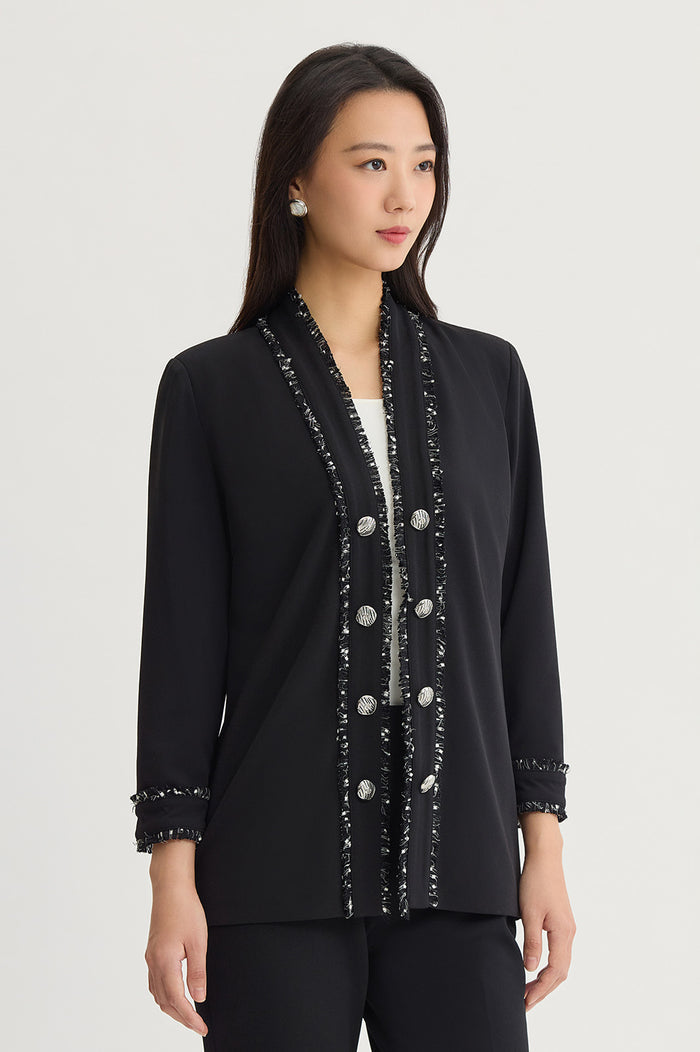 Stretch Deco Crepe Eyelash Jacket, Black/Ivory | Ming Wang
