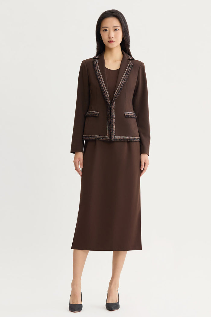 Stretch Deco Crepe Knit Trim Jacket, Dark Umber/Warm Taupe/Ivory | Ming Wang