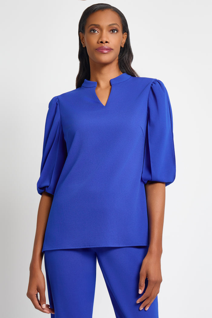 Stretch Deco Crepe Puff Sleeve Blouse, Sapphire Sea | Ming Wang