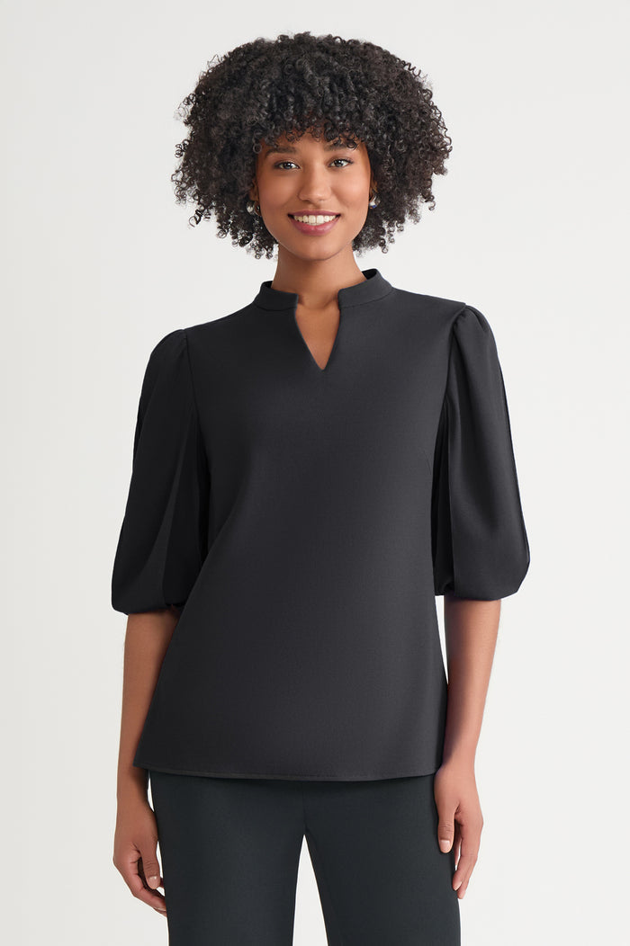 Stretch Deco Crepe Puff Sleeve Blouse, Black | Ming Wang