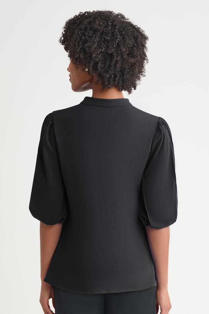 Stretch Deco Crepe Puff Sleeve Blouse, Black | Ming Wang