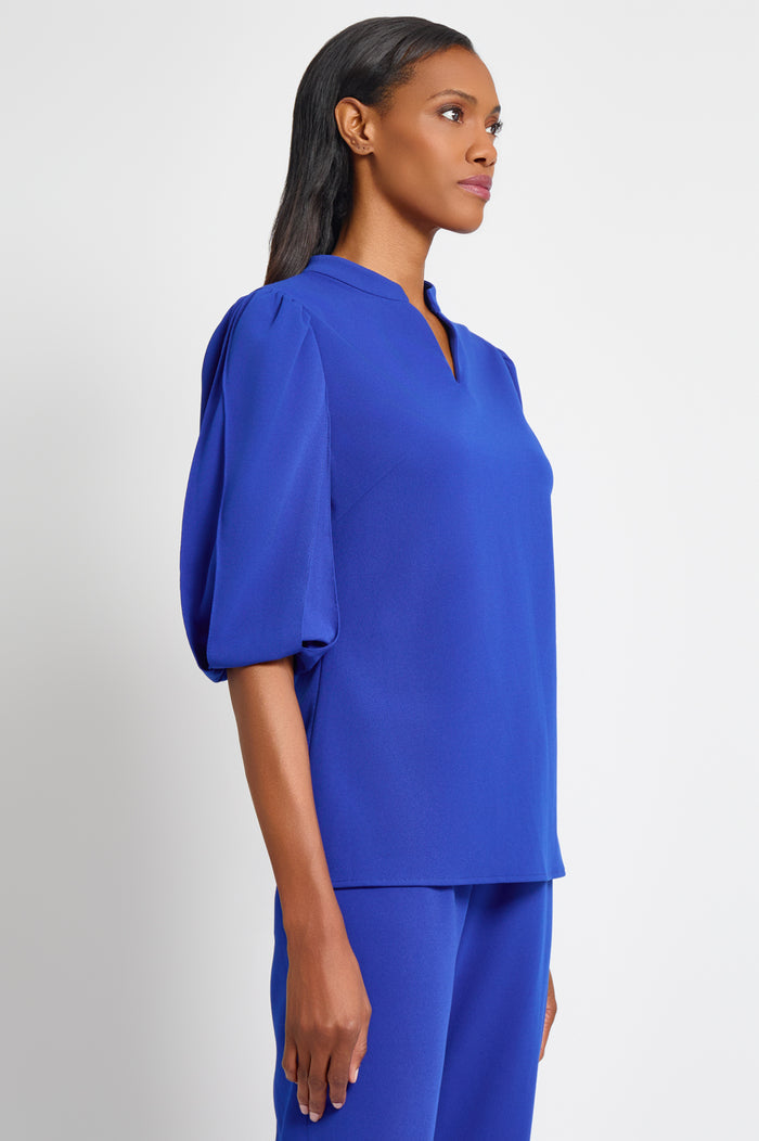 Stretch Deco Crepe Puff Sleeve Blouse, Sapphire Sea | Ming Wang