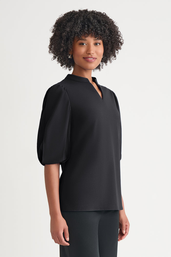 Stretch Deco Crepe Puff Sleeve Blouse, Black | Ming Wang