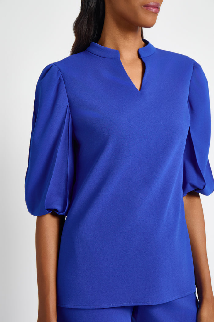 Stretch Deco Crepe Puff Sleeve Blouse, Sapphire Sea | Ming Wang