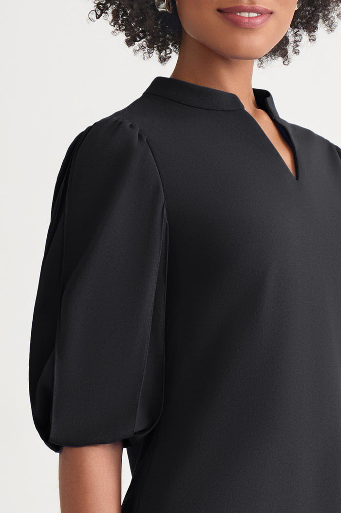 Stretch Deco Crepe Puff Sleeve Blouse, Black | Ming Wang