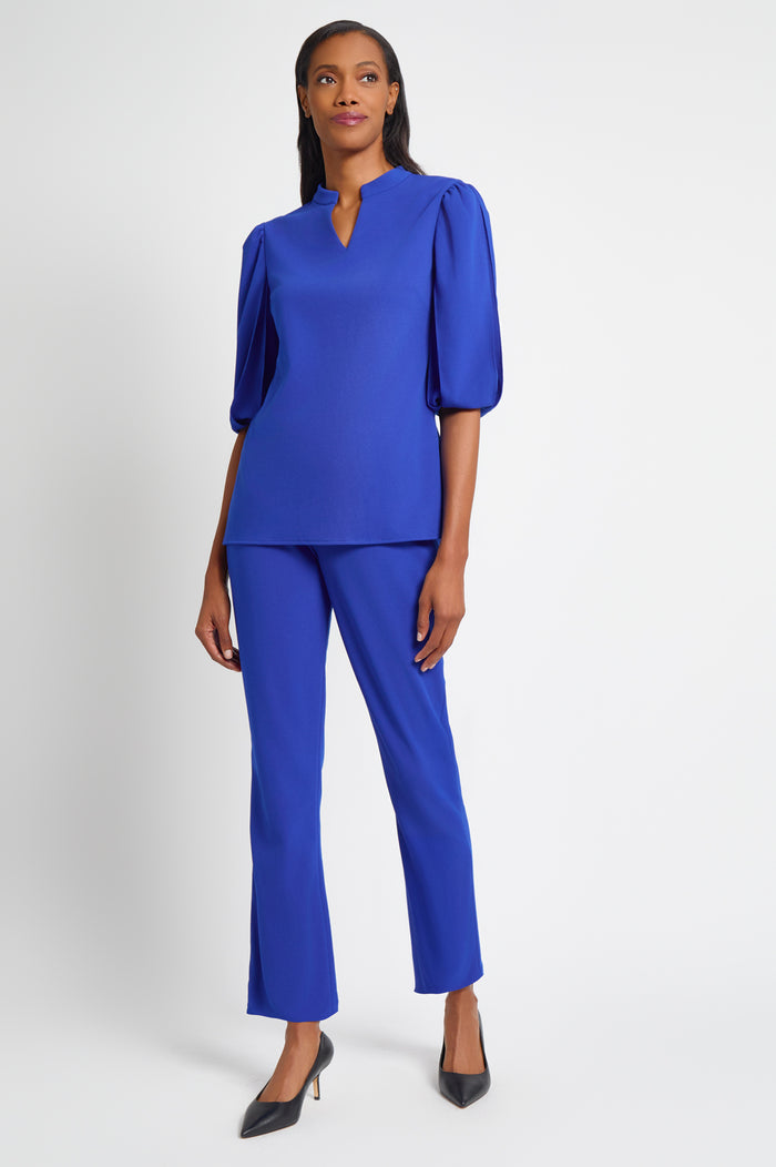 Stretch Deco Crepe Puff Sleeve Blouse, Sapphire Sea | Ming Wang