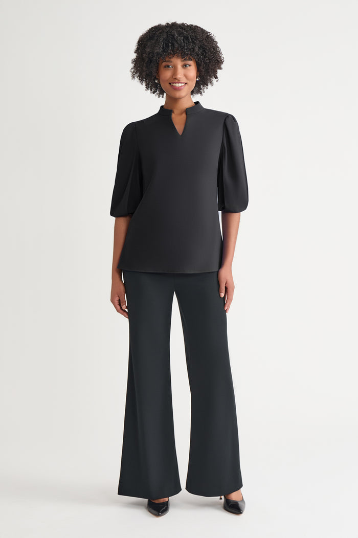 Stretch Deco Crepe Puff Sleeve Blouse, Black | Ming Wang