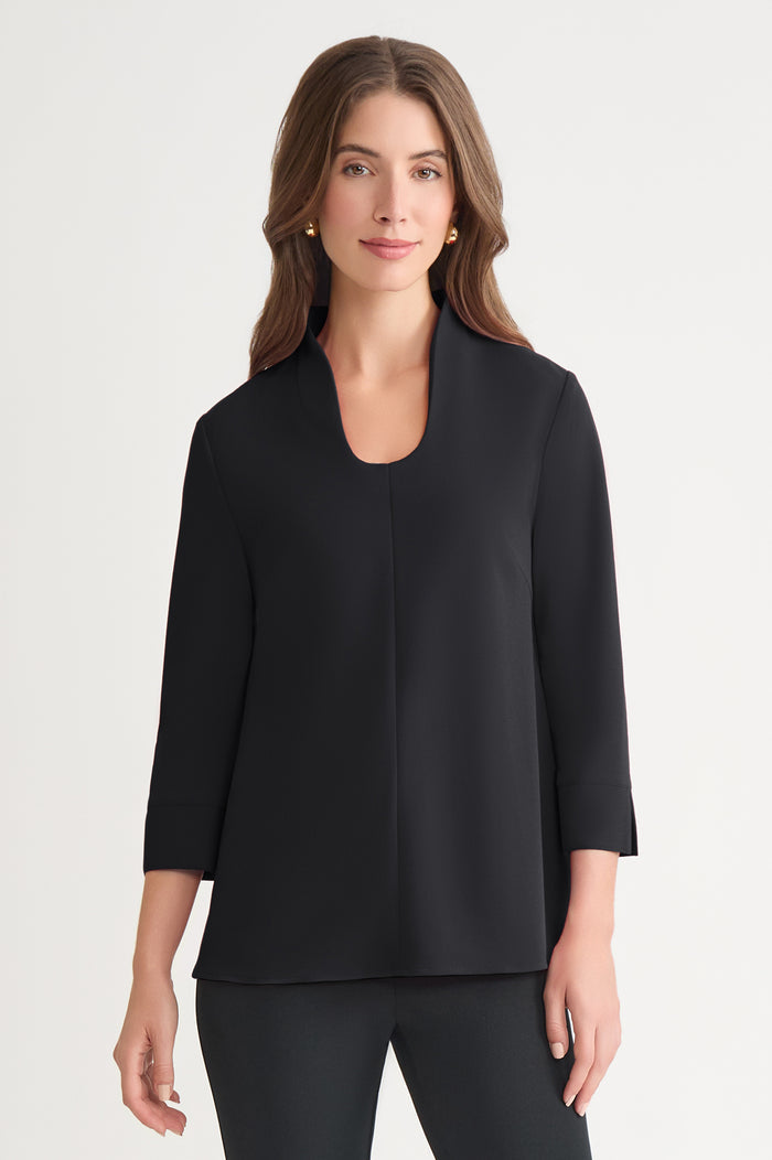 Stretch Deco Crepe Pullover Blouse, Black | Ming Wang
