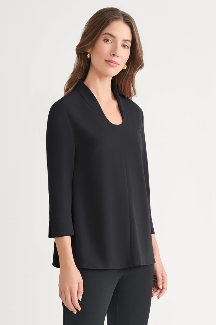 Stretch Deco Crepe Pullover Blouse, Black | Ming Wang