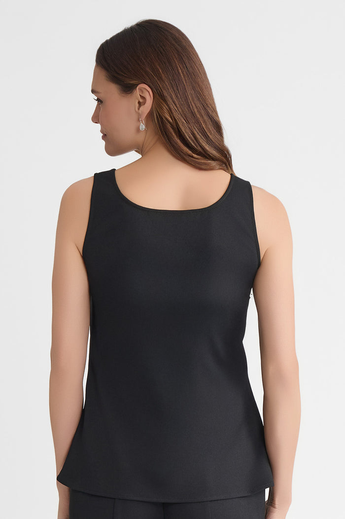 Stretch Deco Crepe Scoop Neck Tank, Black, Black | Ming Wang