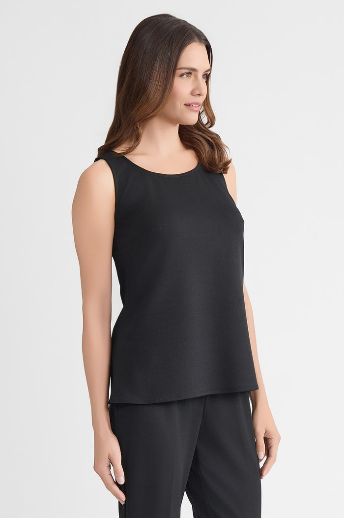 Stretch Deco Crepe Scoop Neck Tank, Black, Black | Ming Wang