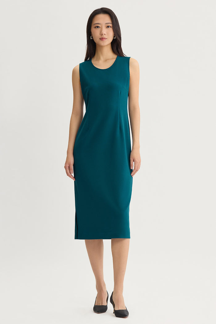 Stretch Deco Crepe Sheath Midi Dress, Deep Teal, Deep Teal | Ming Wang