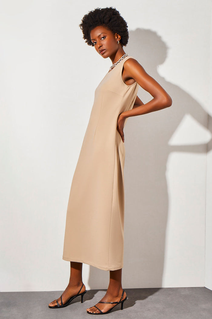 Midi Scoop Neck Deco Crepe Dress | Ming Wang