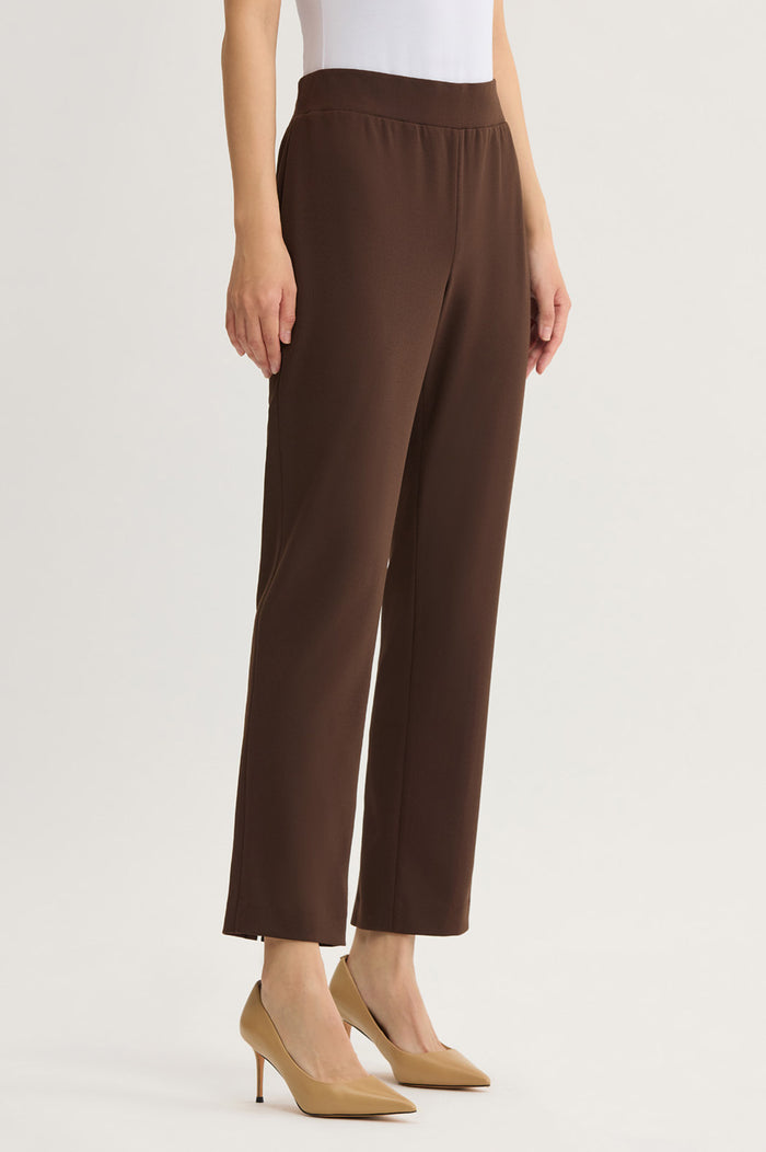 Stretch Deco Crepe Straight-Leg Pants, Dark Umber, Dark Umber | Ming Wang