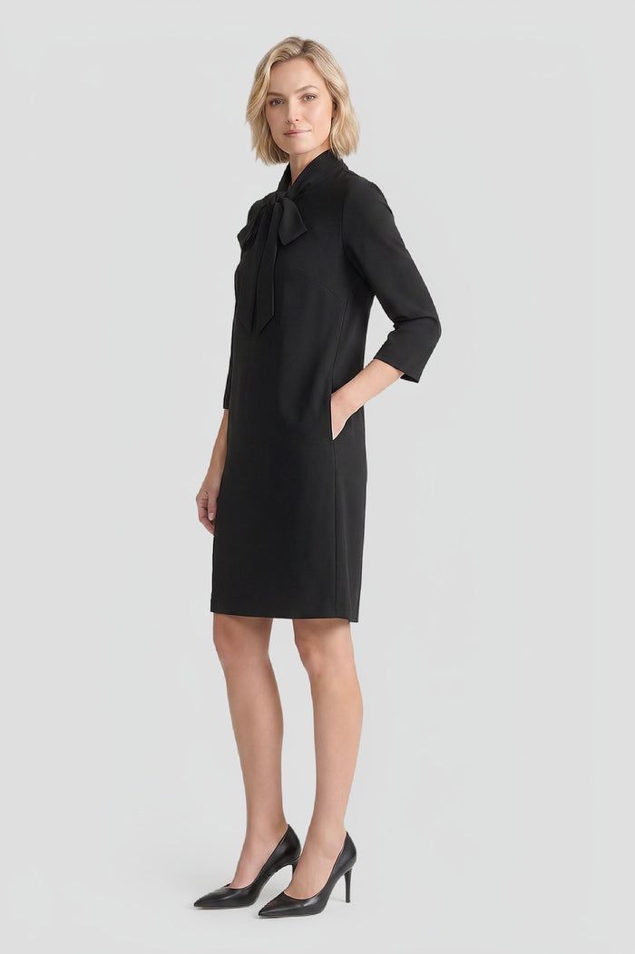Stretch Deco Crepe Tie-Neck Tent Dress, Black | Ming Wang