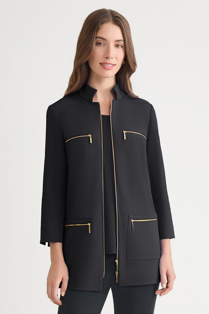 Stretch Deco Crepe Utility Jacket, Black | Ming Wang