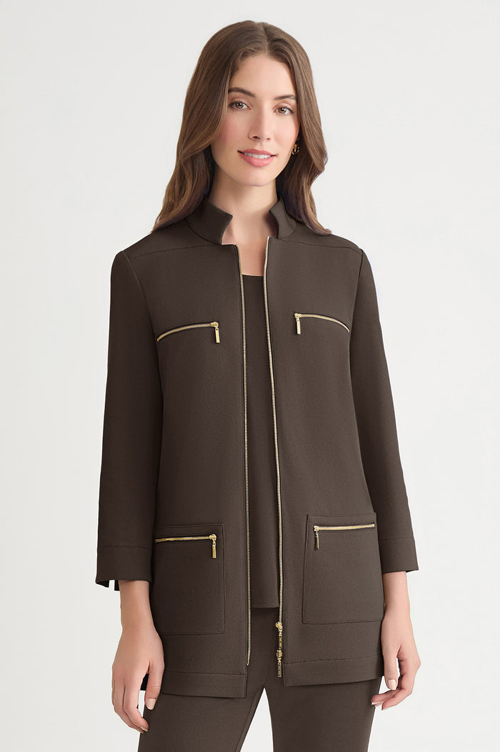 Stretch Deco Crepe Utility Jacket, Dark Umber | Ming Wang
