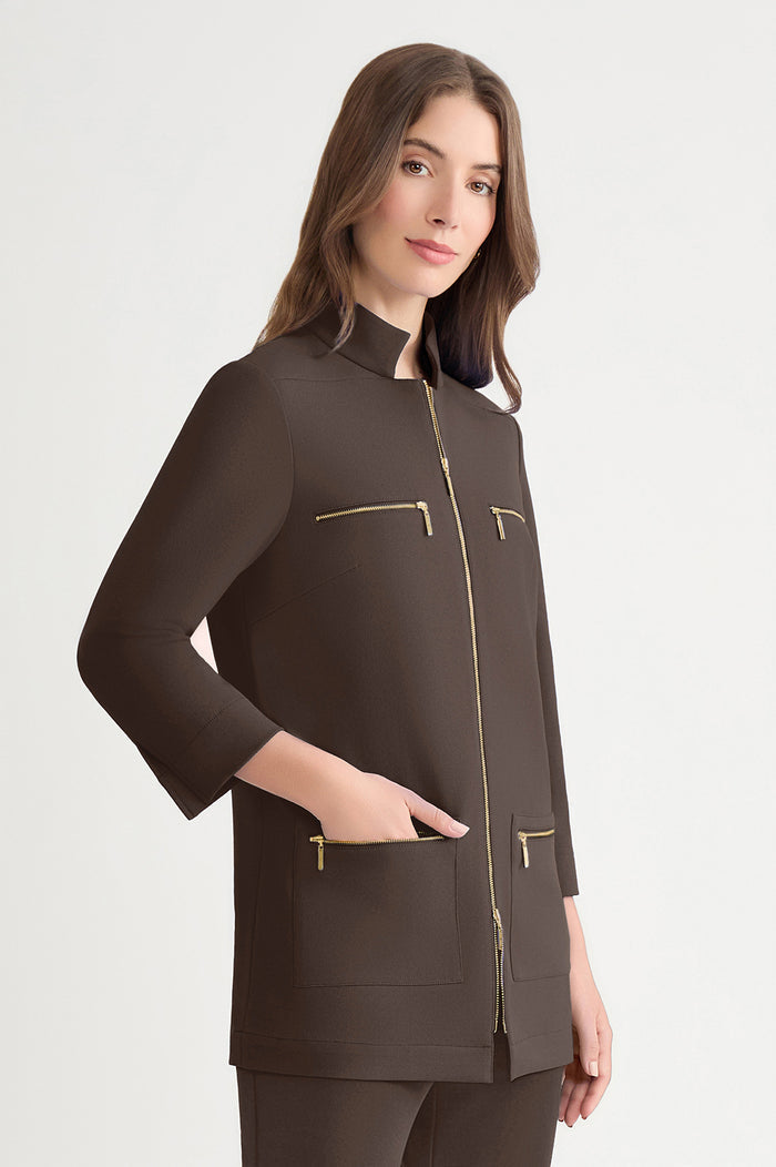 Stretch Deco Crepe Utility Jacket, Dark Umber | Ming Wang
