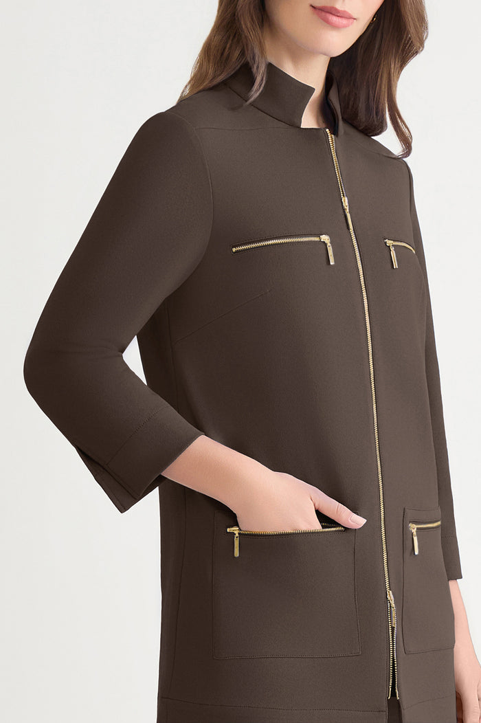 Stretch Deco Crepe Utility Jacket, Dark Umber | Ming Wang
