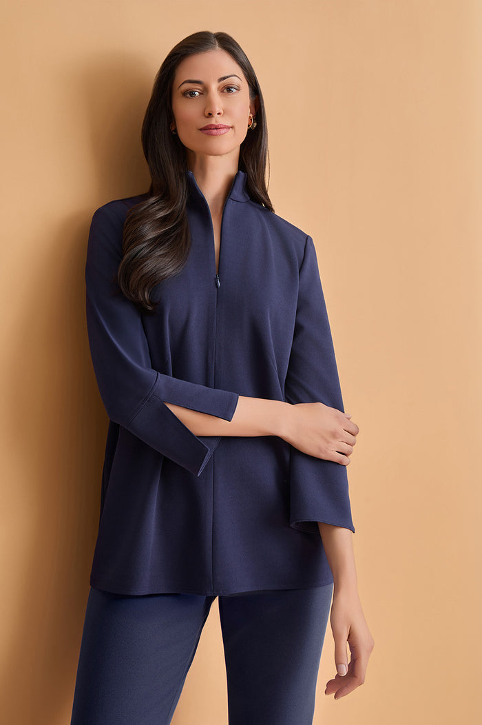 Stretch Deco Crepe Zip Front Pullover Blouse, Indigo, Indigo | Ming Wang