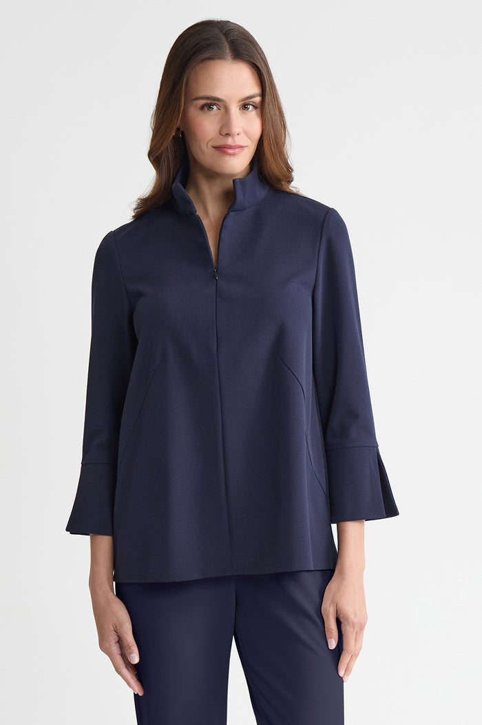 Stretch Deco Crepe Zip Front Pullover Blouse, Indigo, Indigo | Ming Wang