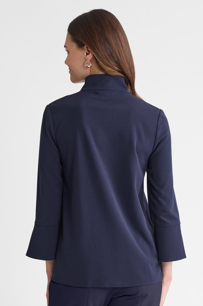 Stretch Deco Crepe Zip Front Pullover Blouse, Indigo, Indigo | Ming Wang