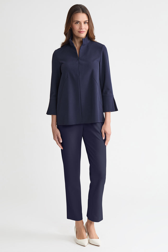 Stretch Deco Crepe Zip Front Pullover Blouse, Indigo, Indigo | Ming Wang