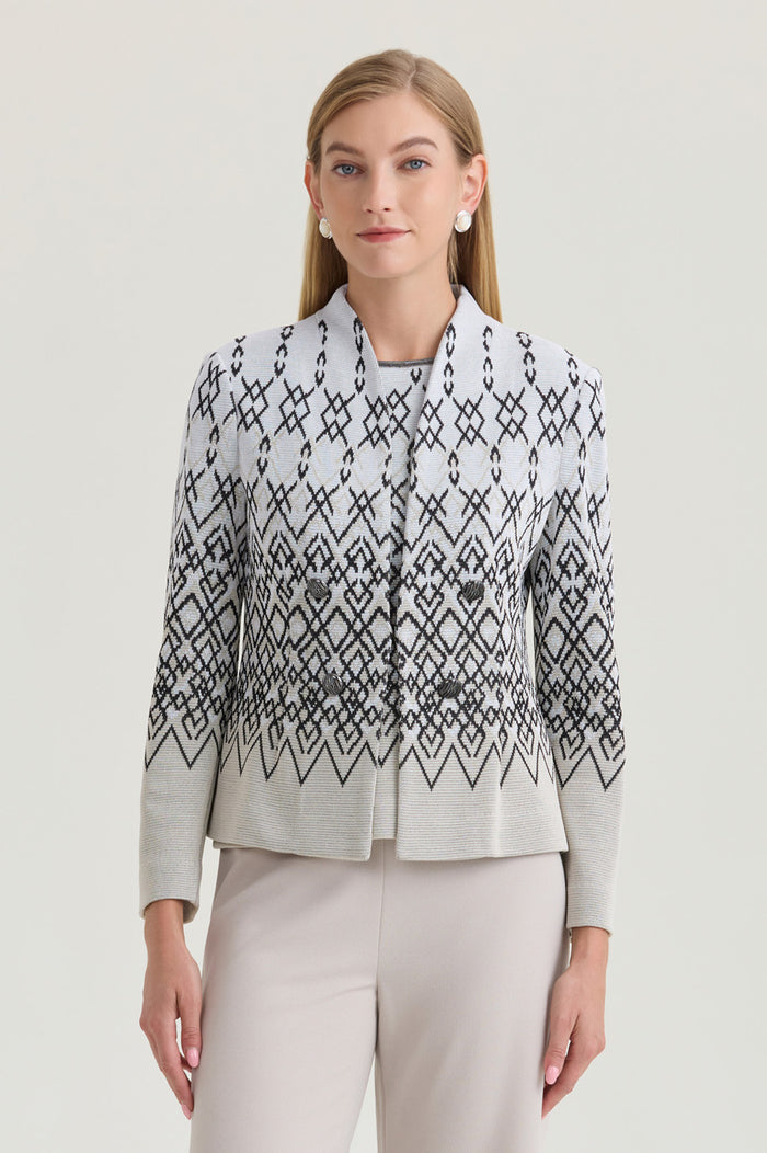 Tailored Diamond Jacquard Knit Jacket, Limestone/Black/White | Ming Wang