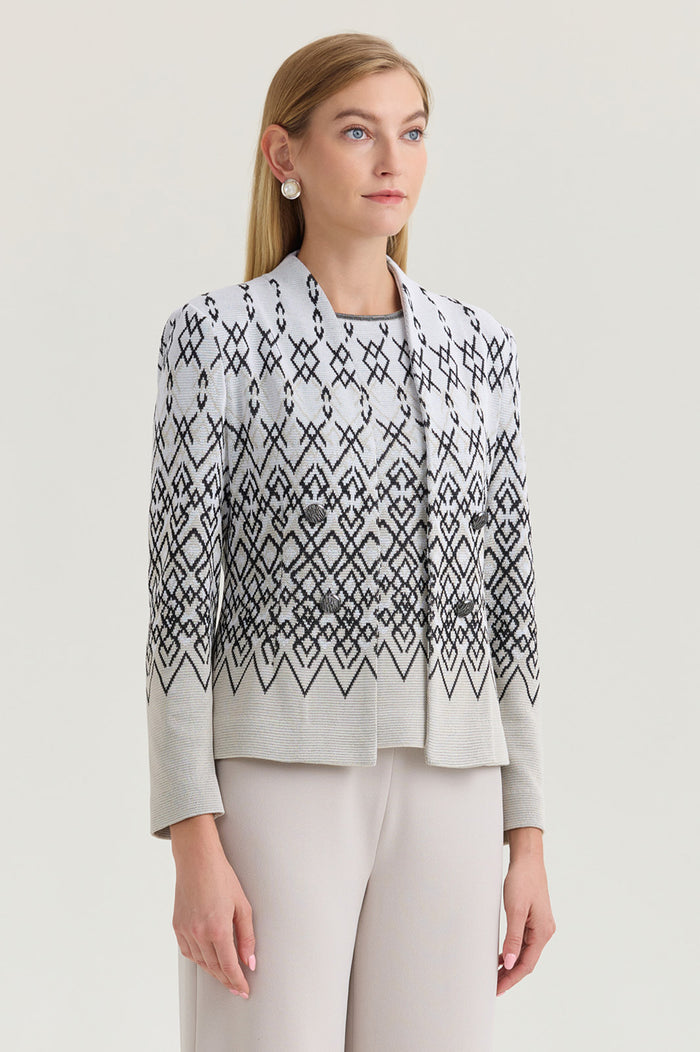 Tailored Diamond Jacquard Knit Jacket, Limestone/Black/White | Ming Wang