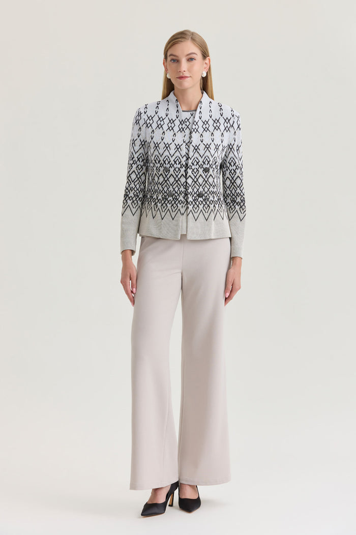 Tailored Diamond Jacquard Knit Jacket, Limestone/Black/White | Ming Wang