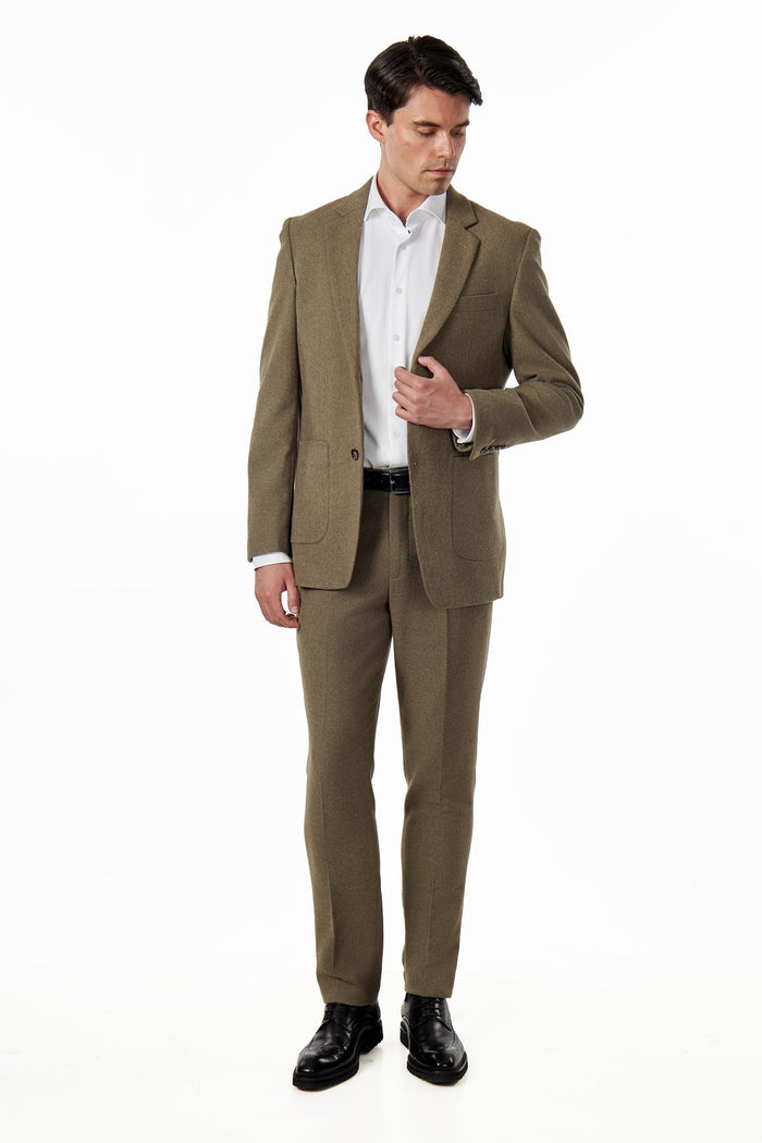 TAILORED KHAKI FLANNEL WOOL BLEND 2 PIECE SUIT
