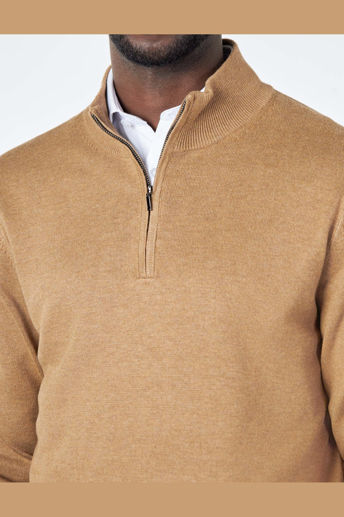 TAN 100% COTTON KNIT ZIP NECK JUMPER