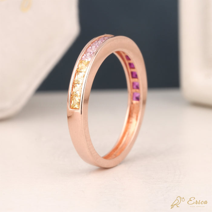 The Iris - Rainbow Ombré Princess Cut Lab Grown Diamond Channel Band