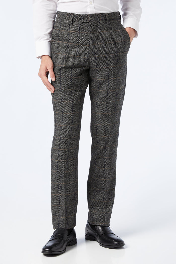 TWEED HERRINGBONE CHECK TROUSERS IN GREY