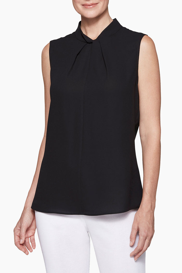 Twist-Neck Crepe de Chine Blouse, Black | Ming Wang