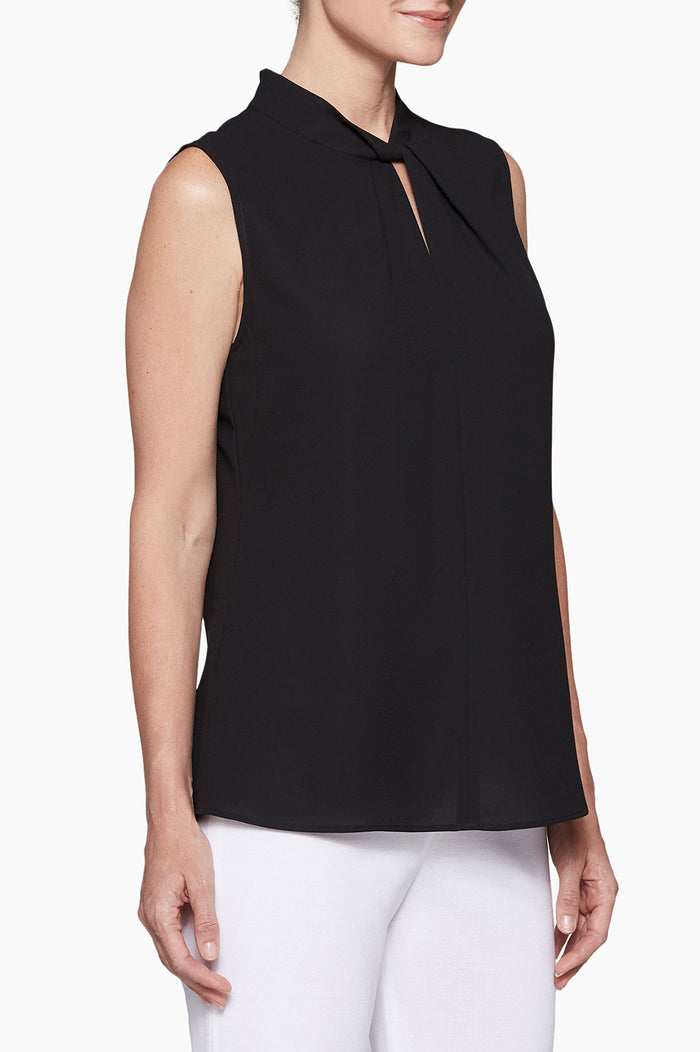 Twist-Neck Crepe de Chine Blouse, Black | Ming Wang