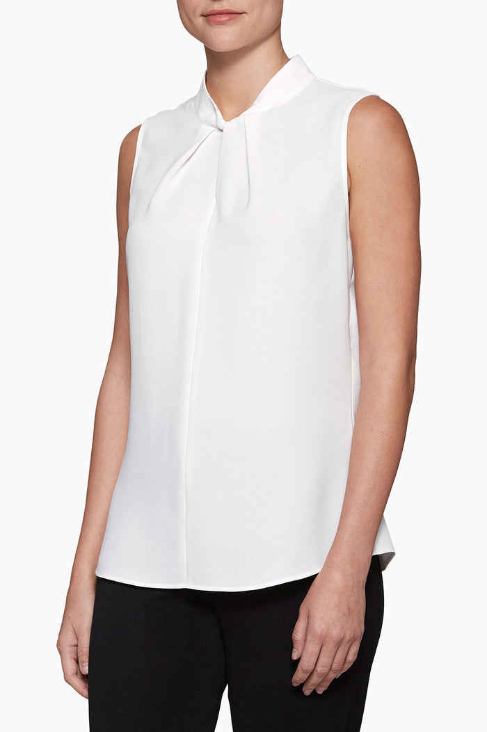 Twist-Neck Crepe de Chine Blouse, White | Ming Wang