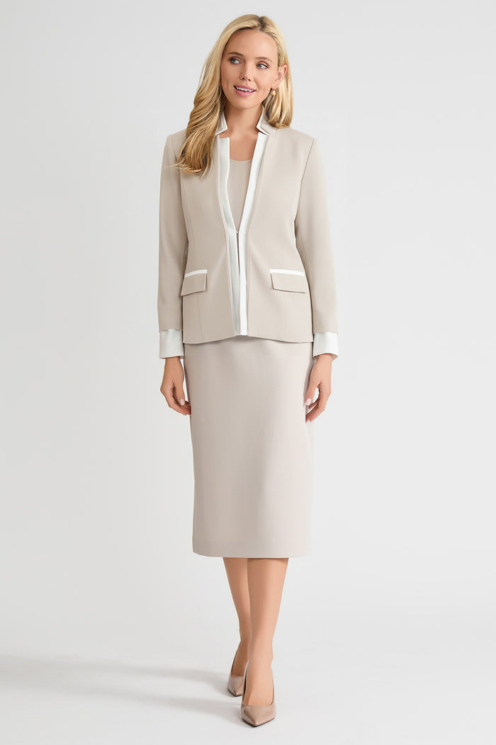 Tailored Two-Toned Stretch Deco Crepe Blazer, Limestone, Limestone/White | Ming Wang