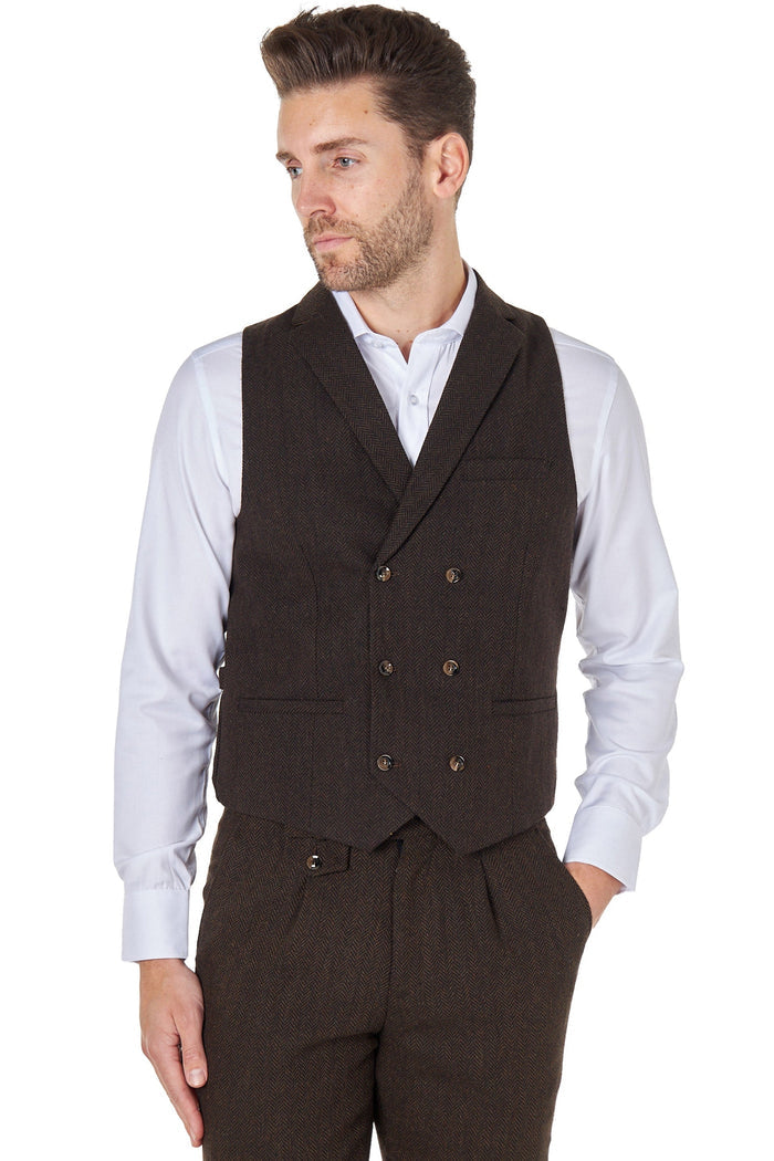 TYLER - HERRINGBONE TWEED DOUBLE BREASTED BROWN WAISTCOAT